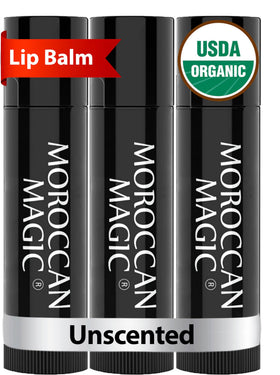 Moroccan Magic front packaging showing unscented three-pack and organic claims for convenience