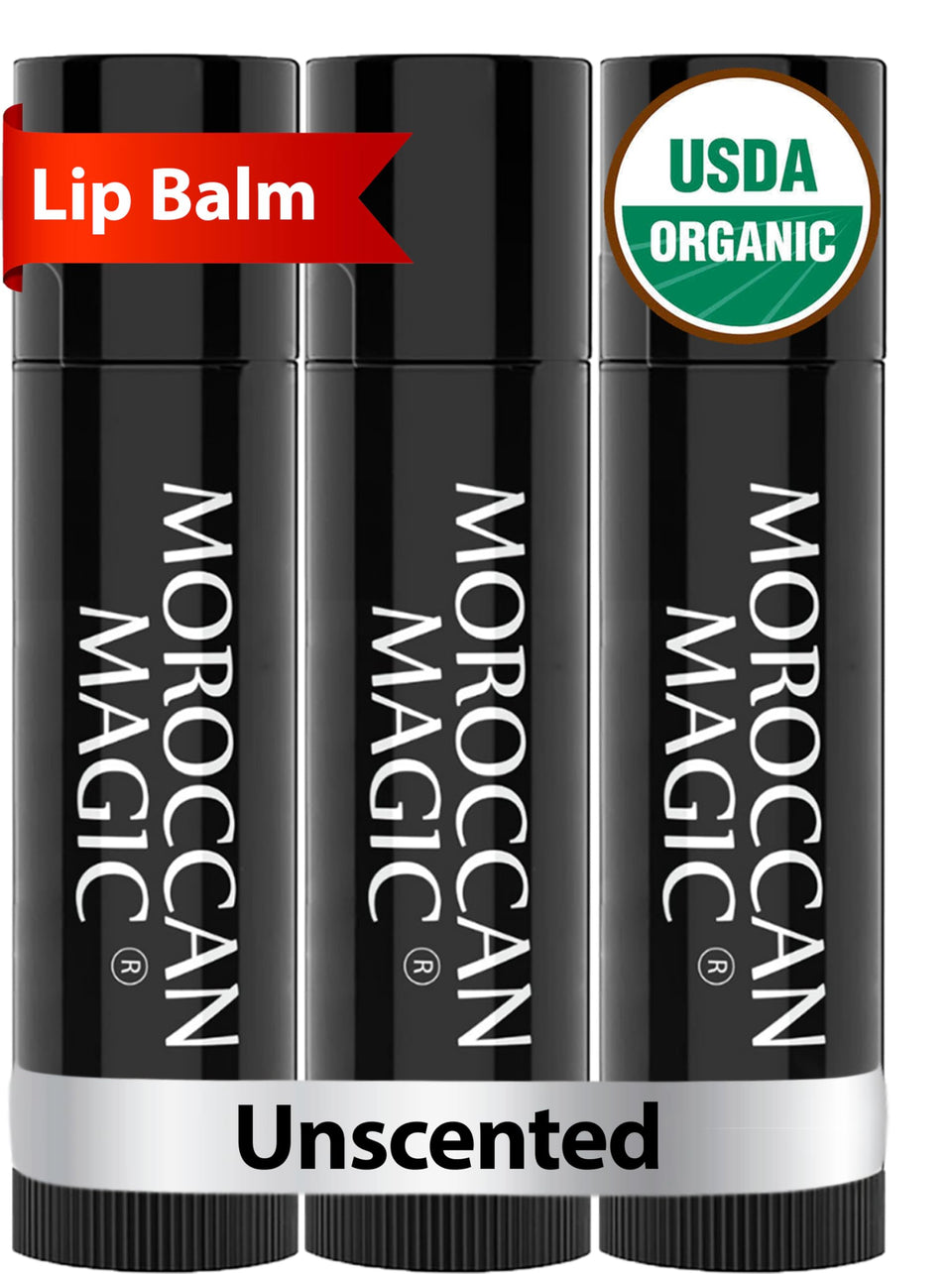 Moroccan Magic front packaging showing unscented three-pack and organic claims for convenience