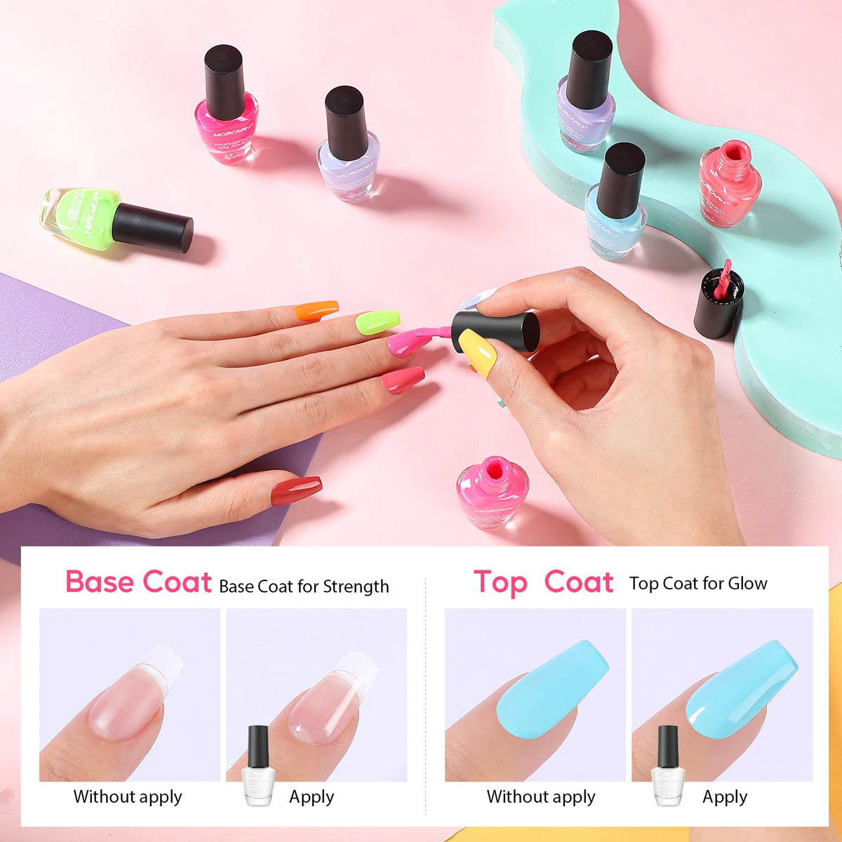 Morovan base and top coats label close-up signaling protection and long-lasting glossy finish