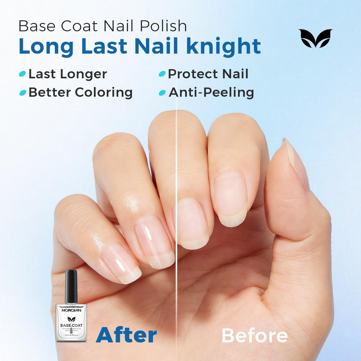 Morovan before and after nails demonstrating protection against staining and chipping