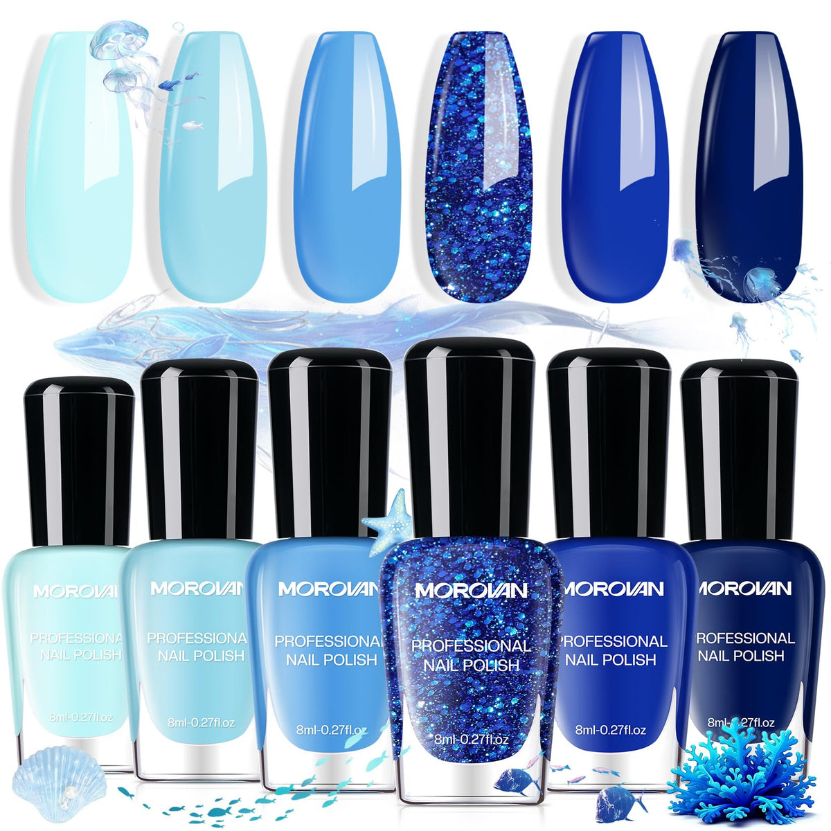 Morovan front packaging showing all six blue shades and quick-dry benefit