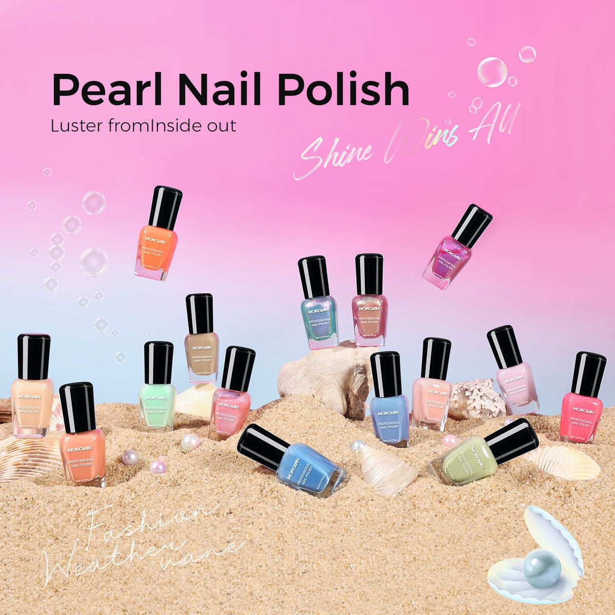 Morovan bottle close-up of pearlescent polish highlighting luminous finish