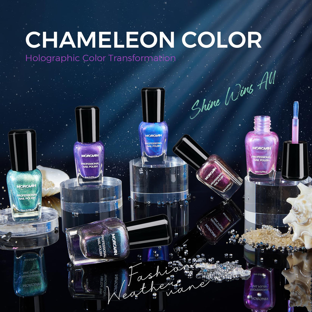 Morovan bottles lined up displaying six chameleon colors for versatile looks