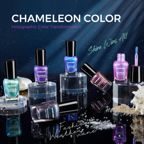 Morovan bottles lined up displaying six chameleon colors for versatile looks
