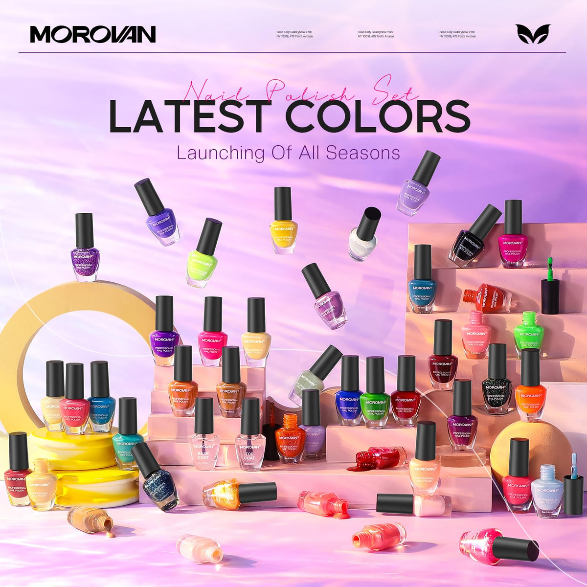 Morovan color array flat-lay displaying 48 vibrant bottles to help choose coordinating shades