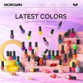 Morovan color array flat-lay displaying 48 vibrant bottles to help choose coordinating shades