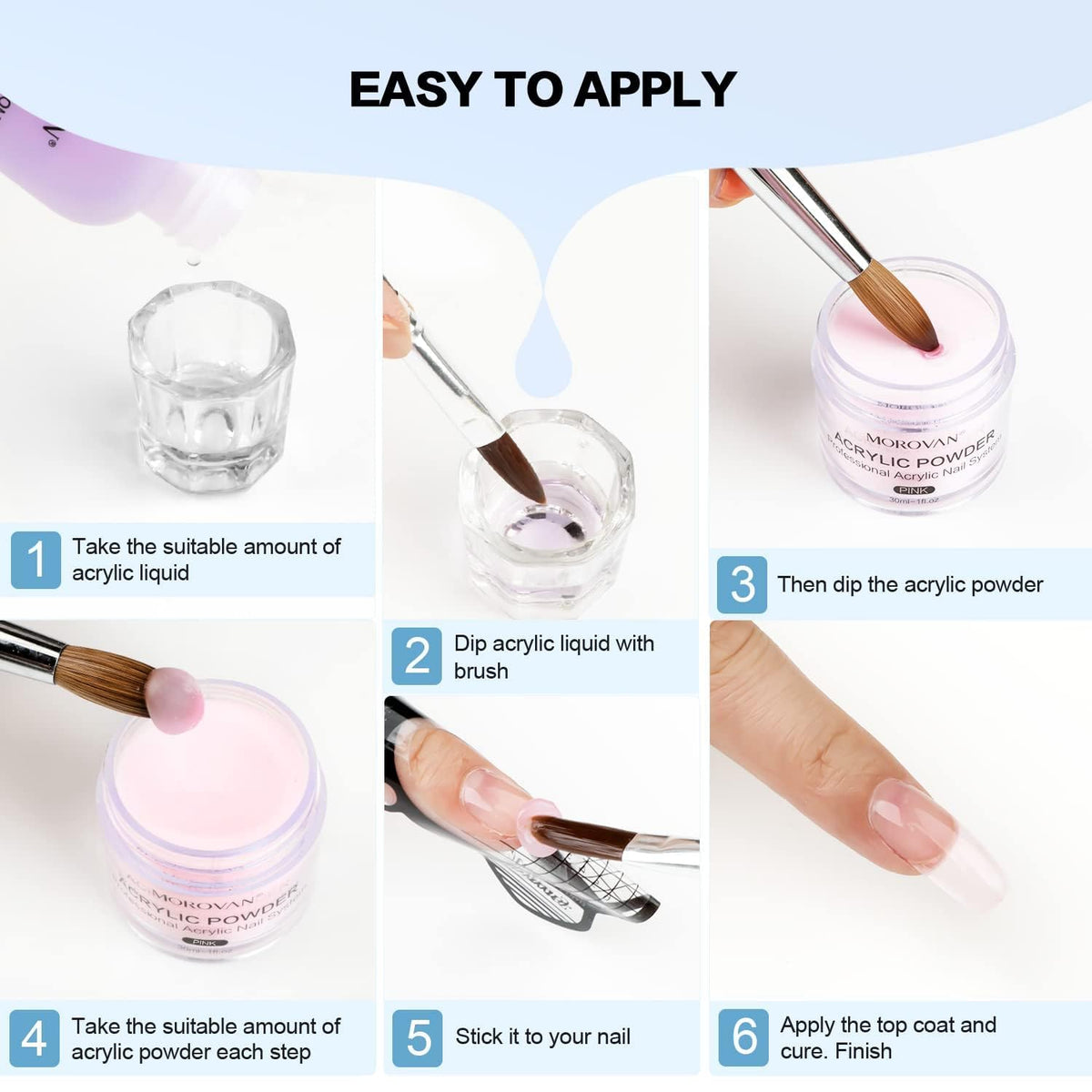 Morovan finished acrylic nails displayed on hand showing natural durable result