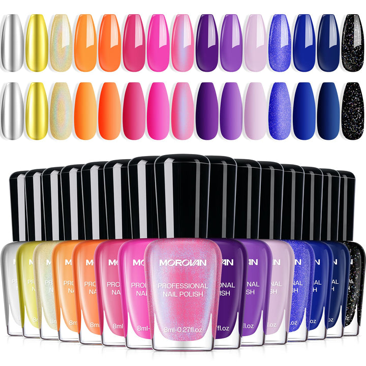 Morovan front packaging showing 15-color festival nail kit and bold variety benefit