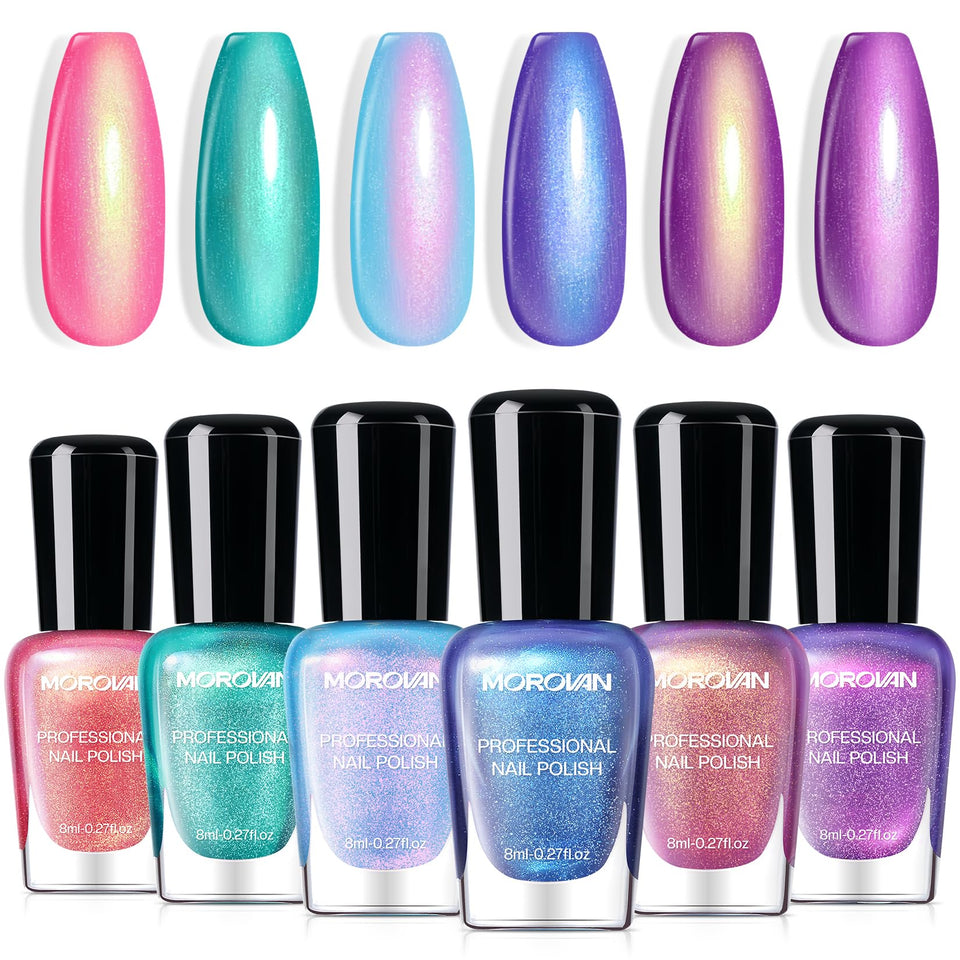 Morovan front packaging showing six aurora shades and quick-dry benefit