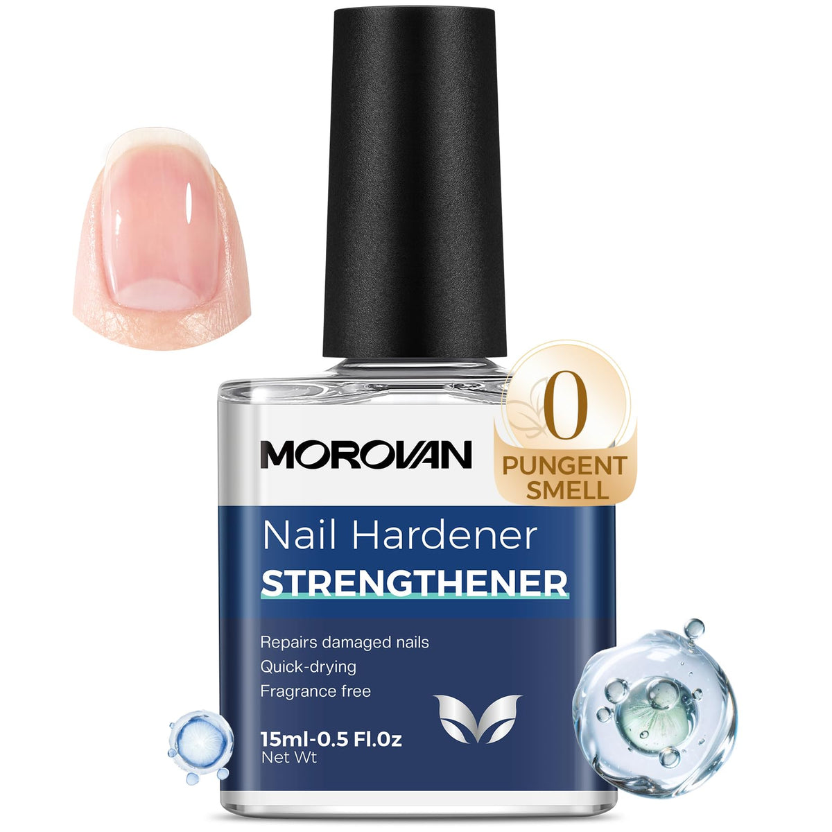 Morovan front packaging showing clear bottle and glossy finish benefit