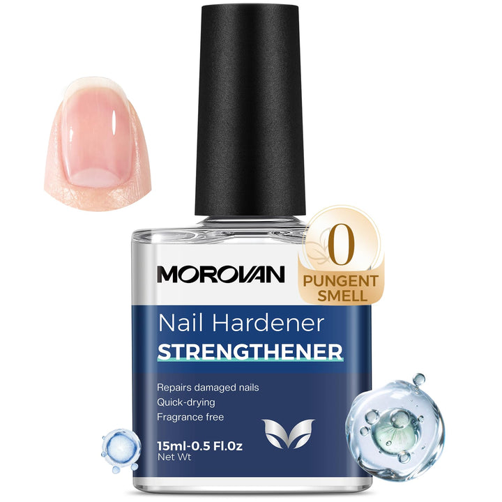 Morovan front packaging showing clear bottle and glossy finish benefit