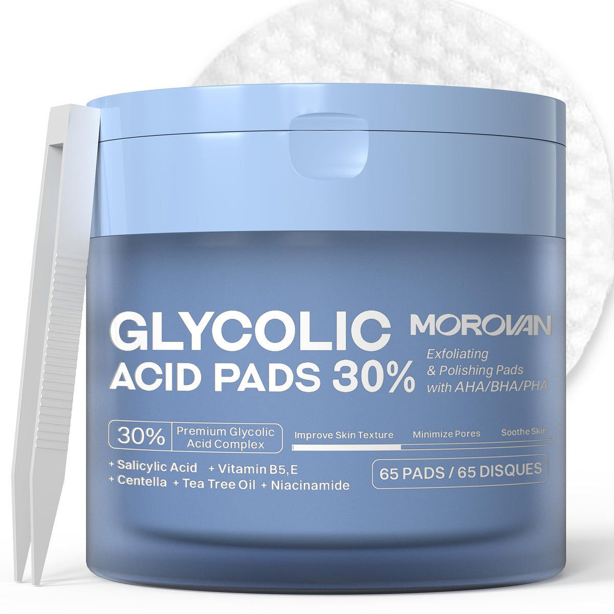 Morovan front packaging showing 30% glycolic pads and product benefits