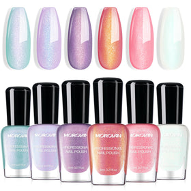 Morovan front packaging showing six iridescent shades and quick-dry benefit