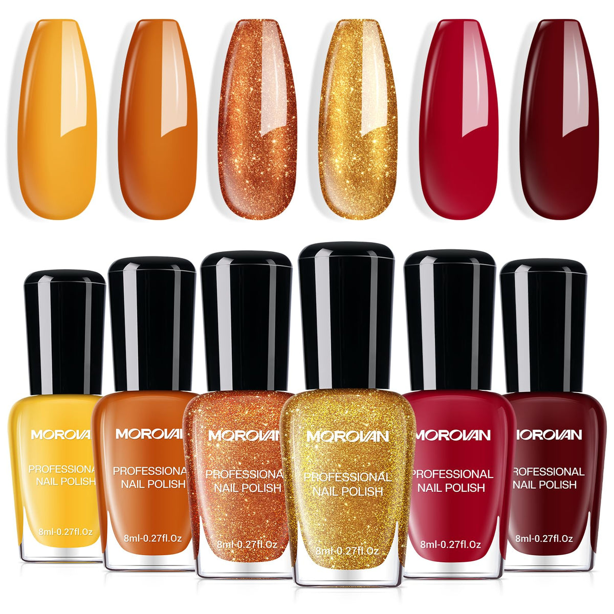 Morovan front packaging showing six autumn shades and quick-dry benefit