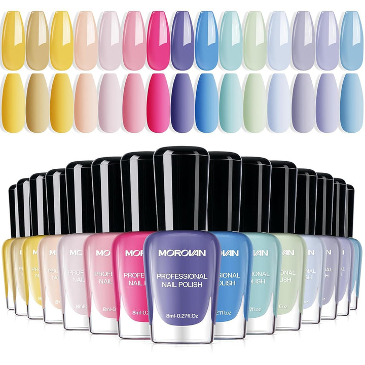 Morovan front packaging showing 15 pastel bottles and color range benefit