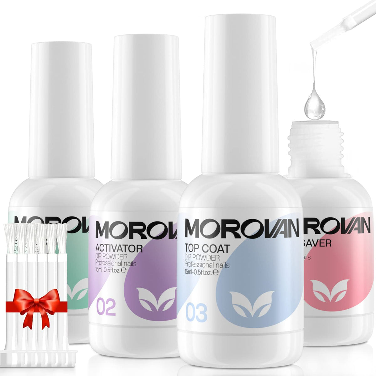 Morovan front packaging showing four 0.5oz bottles and brushes for an organized kit
