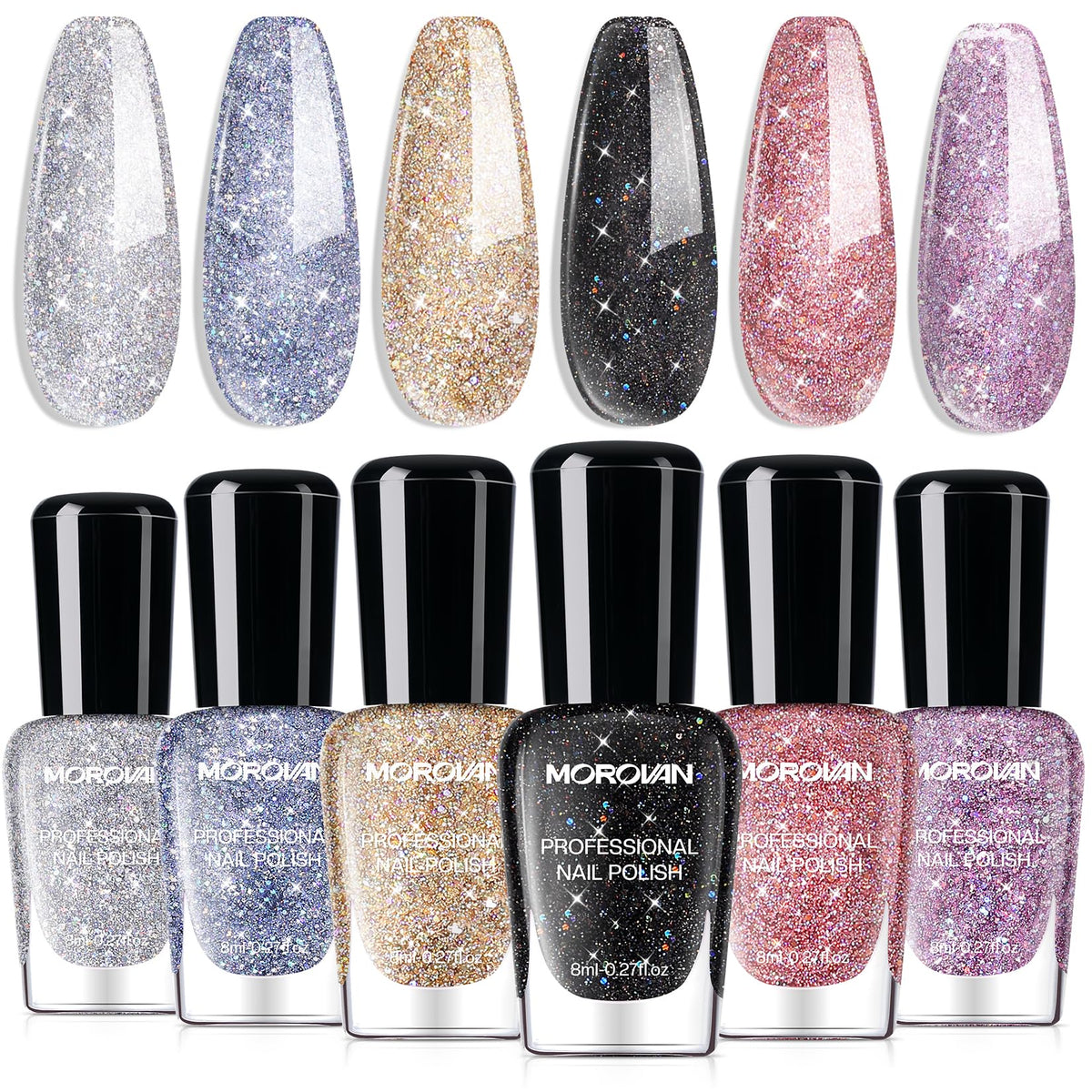 Morovan front packaging showing six glitter polish bottles with vibrant sparkle benefits