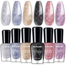 Morovan front packaging showing six glitter polish bottles with vibrant sparkle benefits