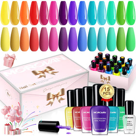 Morovan front packaging showing full 15-piece bright nail polish set and kit benefits