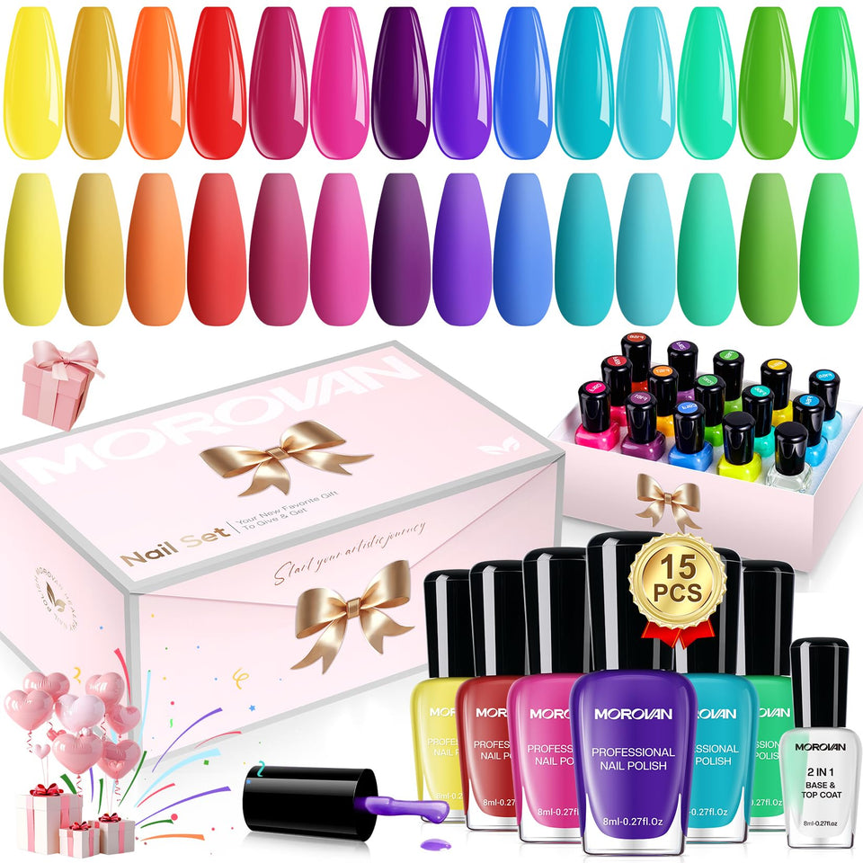 Morovan front packaging showing full 15-piece bright nail polish set and kit benefits