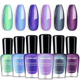 Morovan front packaging showing six mini holographic bottles and quick-dry benefit