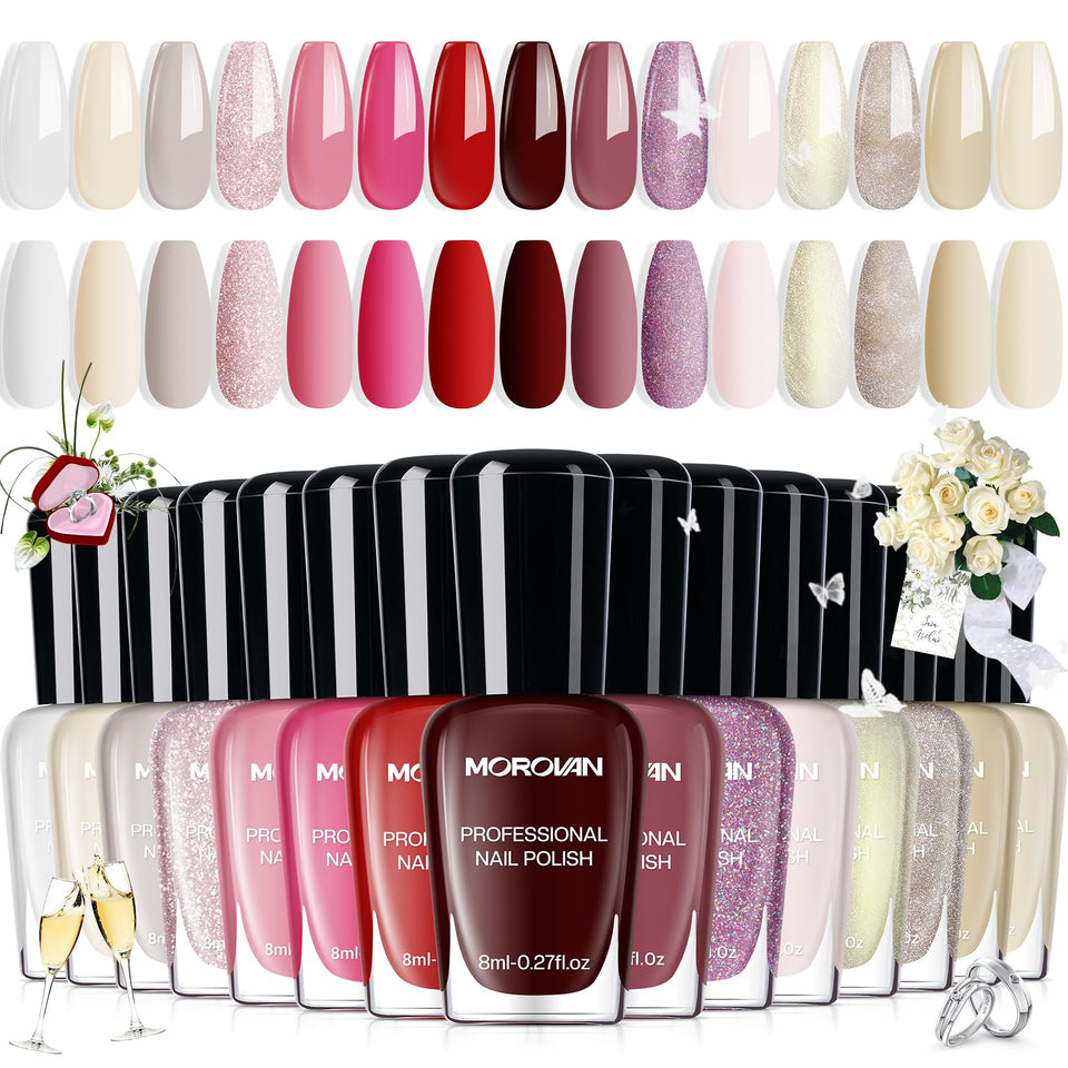 Morovan front packaging showing 15 polish bottles and elegant display benefit convenience