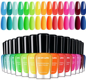 Morovan front packaging showing 15 neon polish range and quick-dry benefit