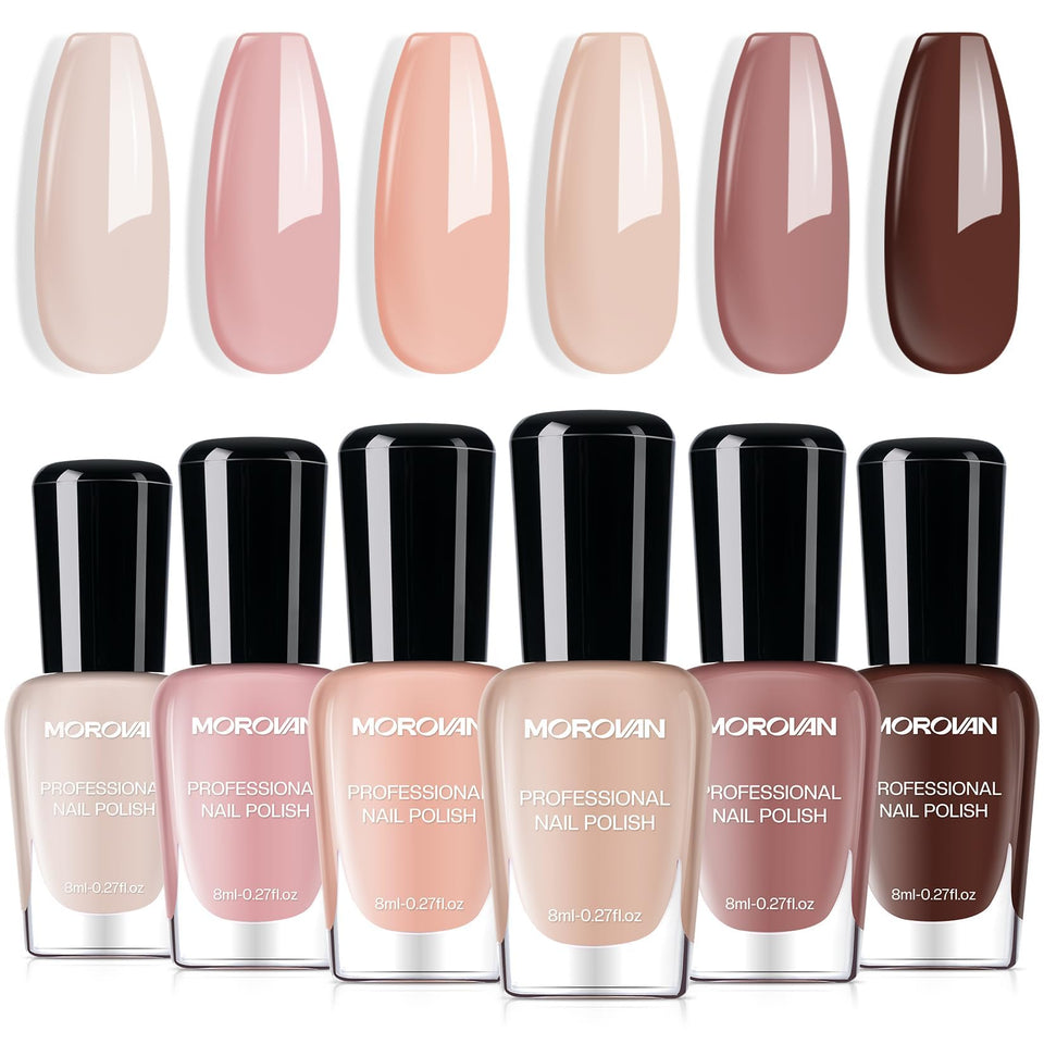 Morovan front packaging showing six nude polishes, neat box for gifting