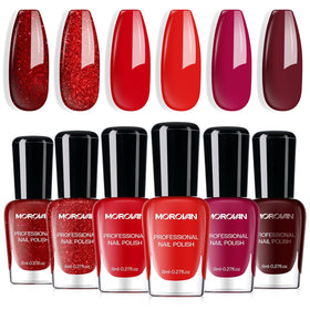 Morovan front packaging showing nine red polish bottles and labels, quick selection benefit