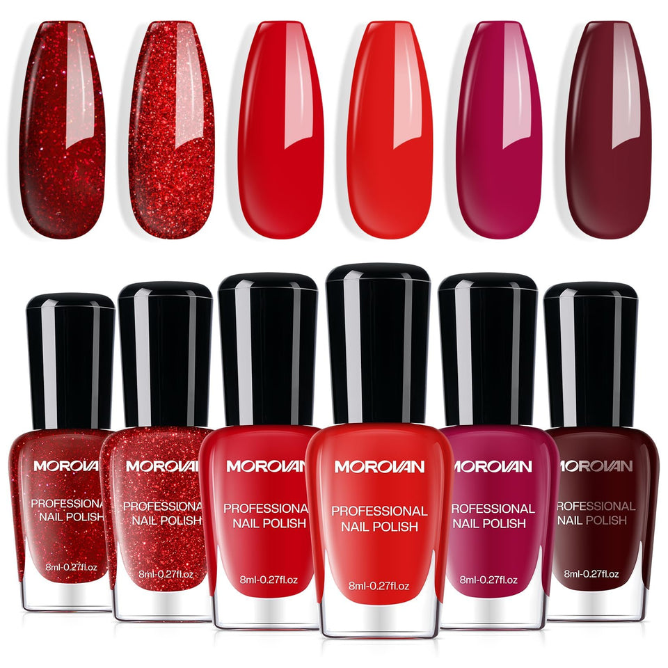 Morovan front packaging showing nine red polish bottles and labels, quick selection benefit