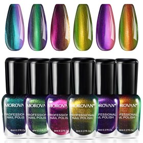 Morovan front packaging showing six holographic bottles for instant shine