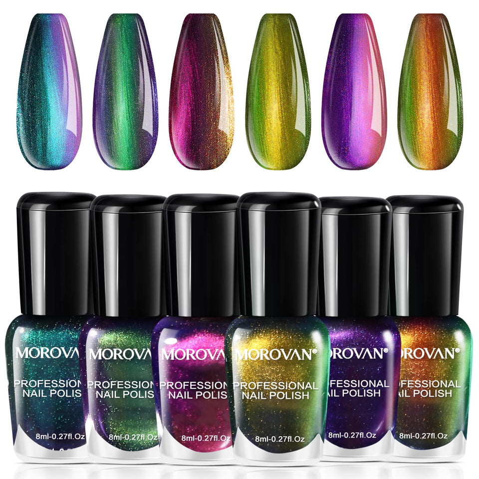 Morovan front packaging showing six holographic bottles for instant shine