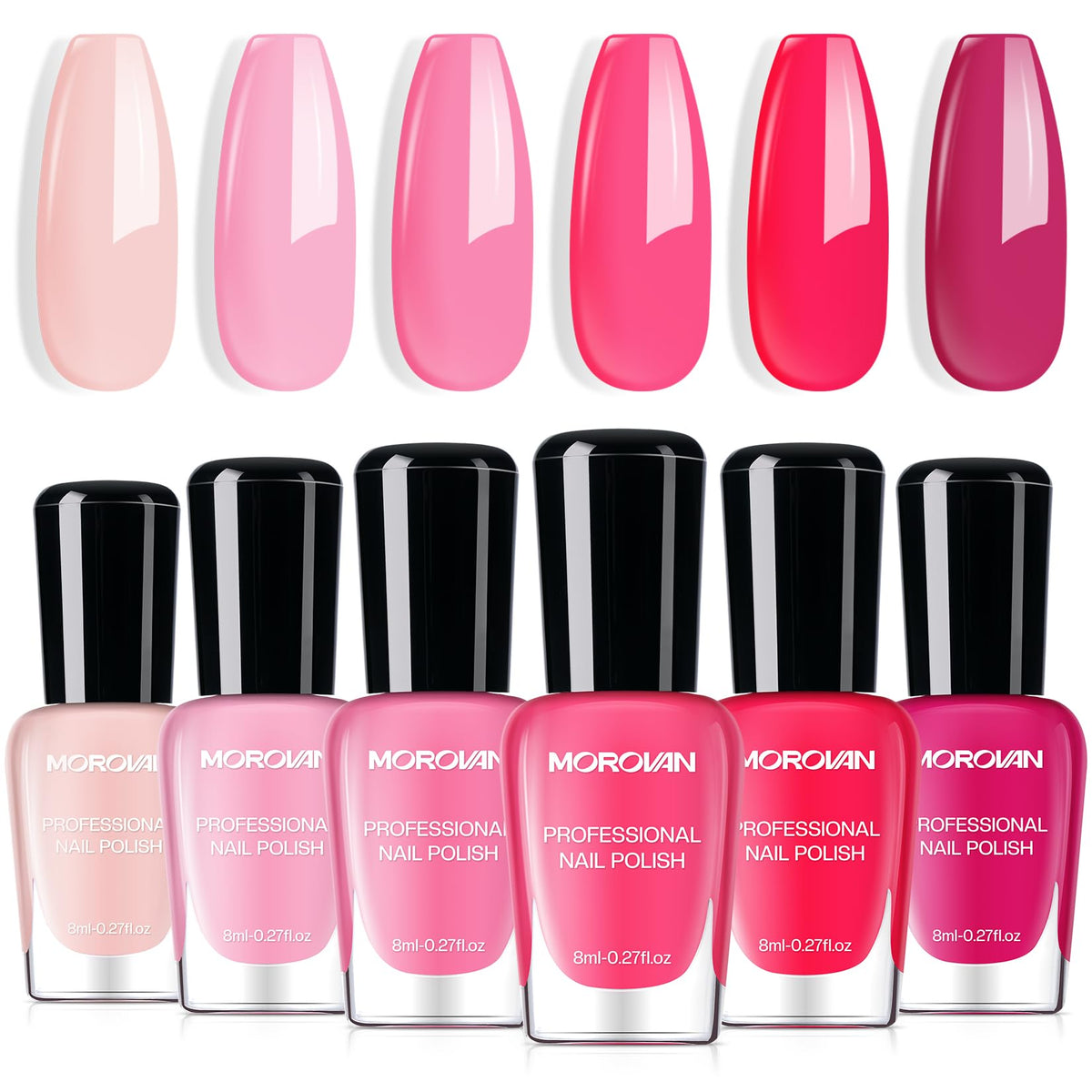 Morovan front packaging showing six pink polish bottles and gift-ready design benefit