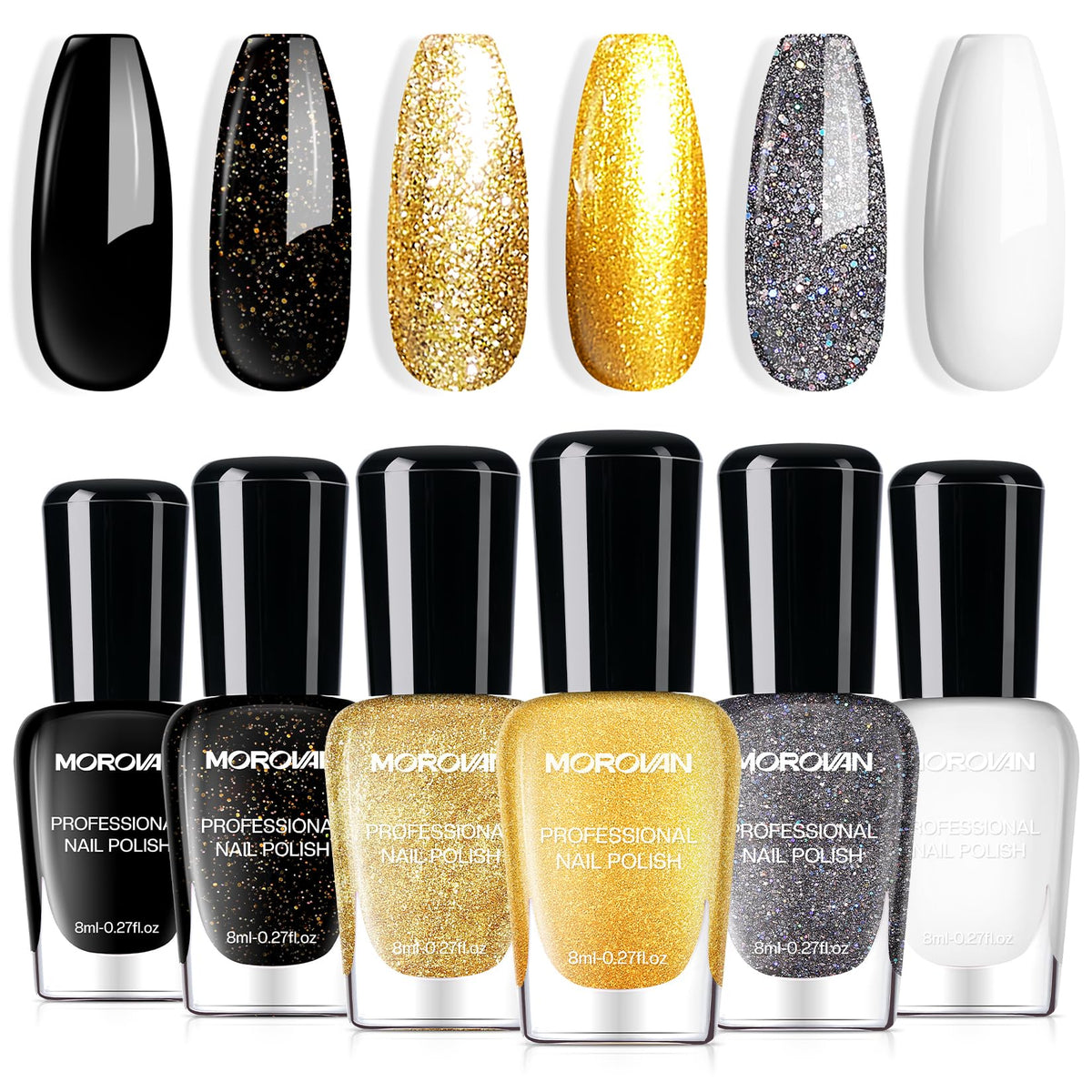 Morovan front packshot showing six polish bottles and gift-ready box benefit: instant presentation