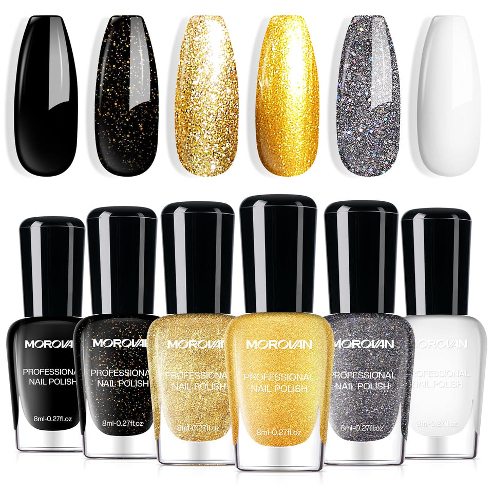 Morovan front packshot showing six polish bottles and gift-ready box benefit: instant presentation