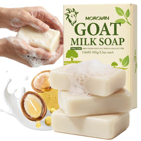 Morovan goat milk soap front packaging showing three eco bars and benefits