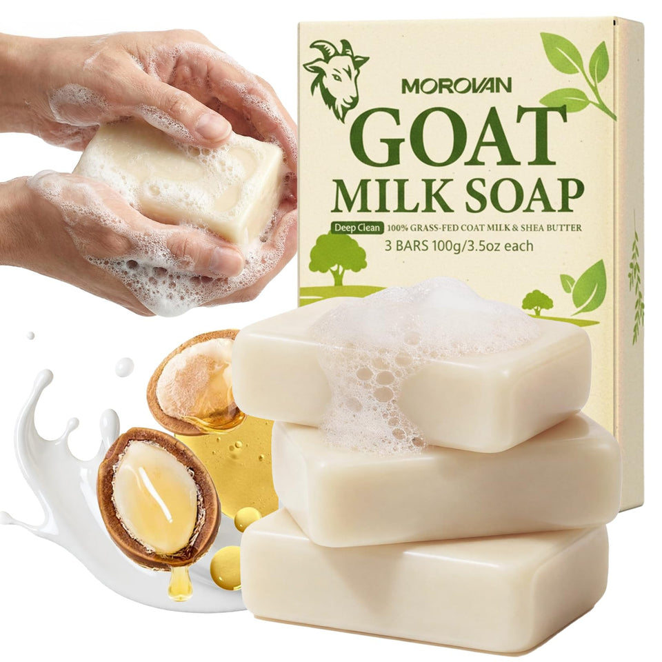 Morovan goat milk soap front packaging showing three eco bars and benefits