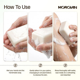 Morovan goat milk soap placed in a bathroom setting promoting calm skin care