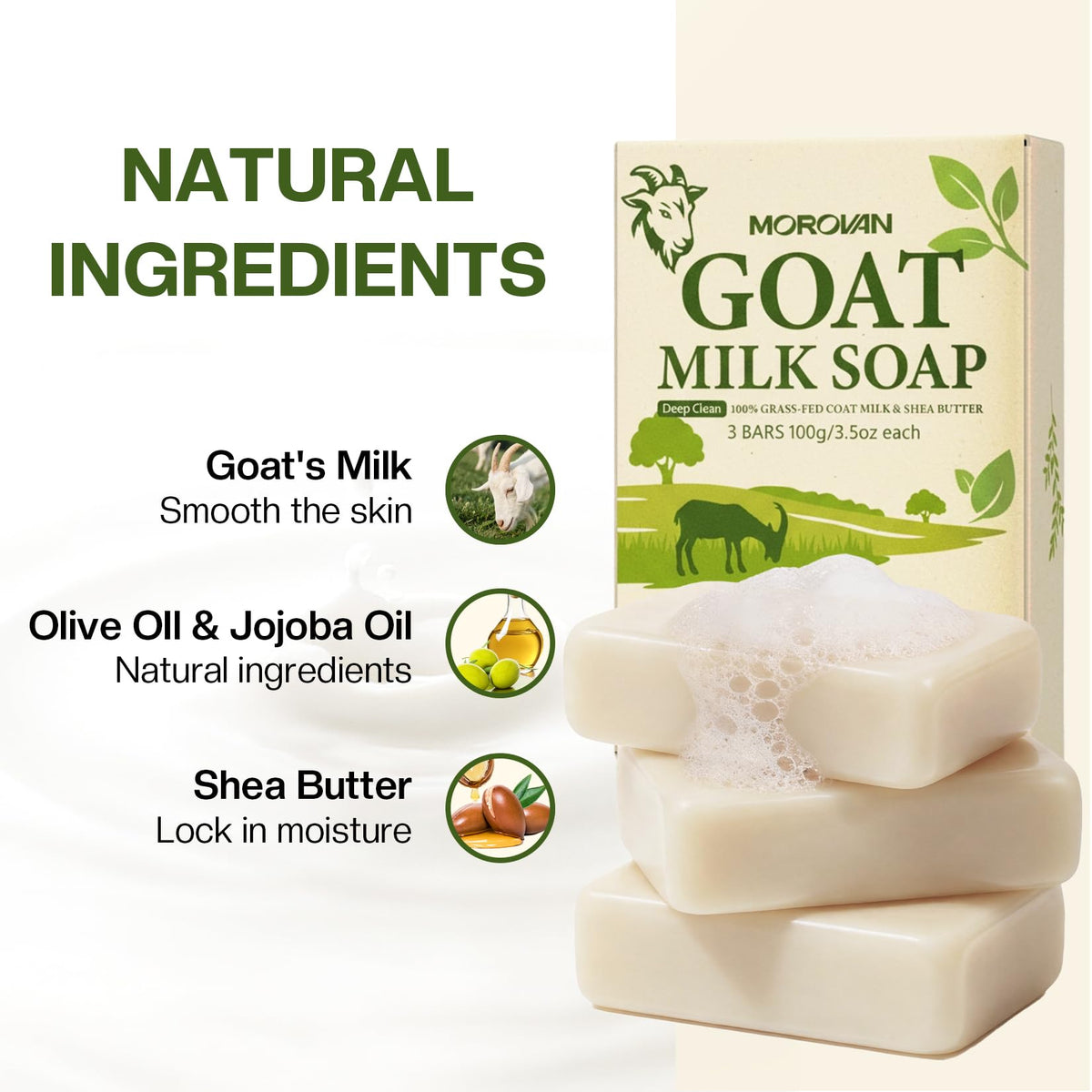 Morovan goat milk soap ingredients with olive oil and shea butter for nourishment