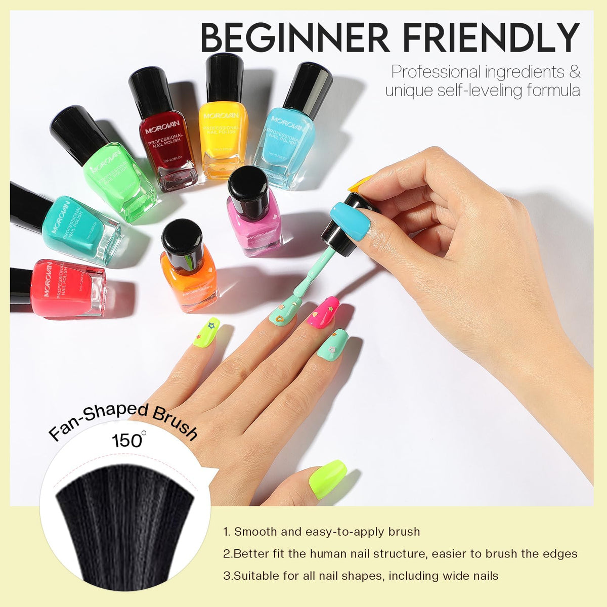 Morovan hand model in use demonstrating fast drying and glossy finish