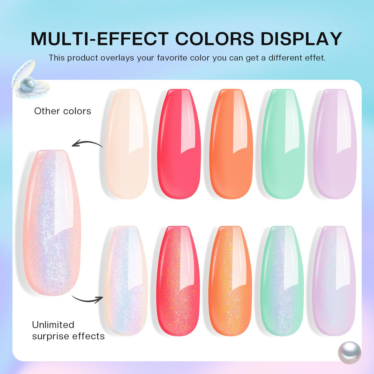 Morovan layered mermaid ombre on nails demonstrating shimmer depth