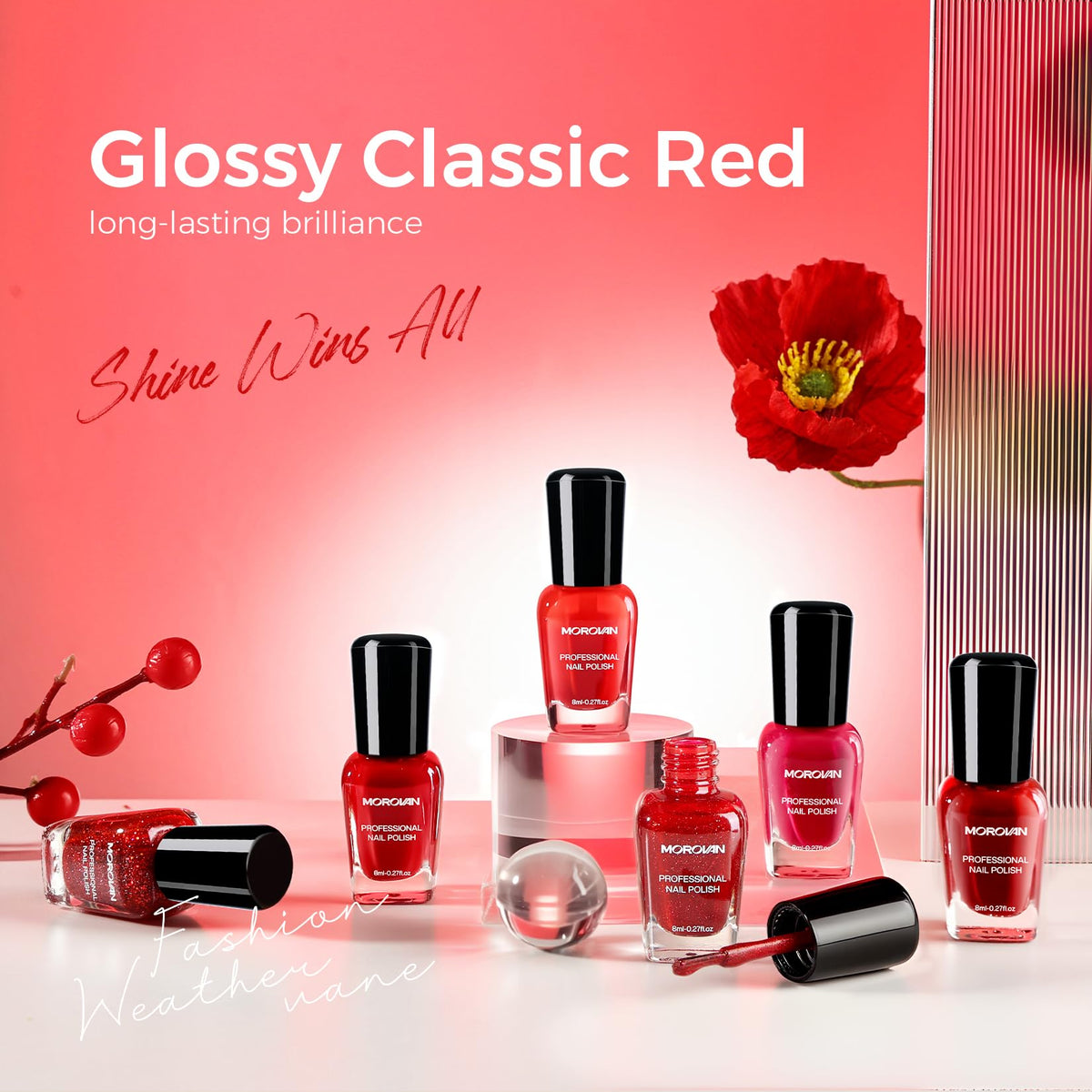 Morovan long wear hands showing glossy manicure after several days, chip-resistant benefit