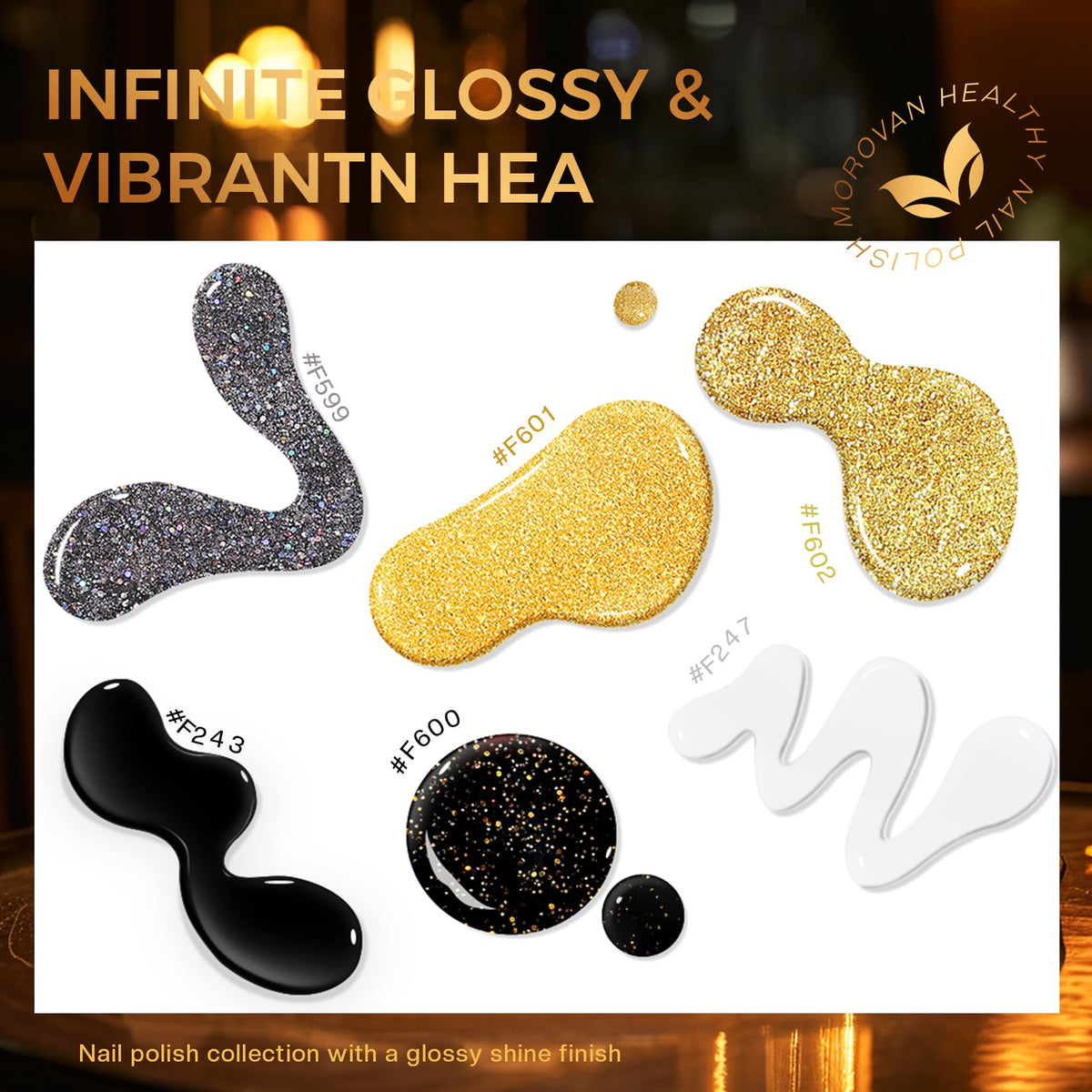 Morovan nails in use at a party showing black and gold mani benefit: event-ready shine