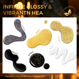 Morovan nails in use at a party showing black and gold mani benefit: event-ready shine