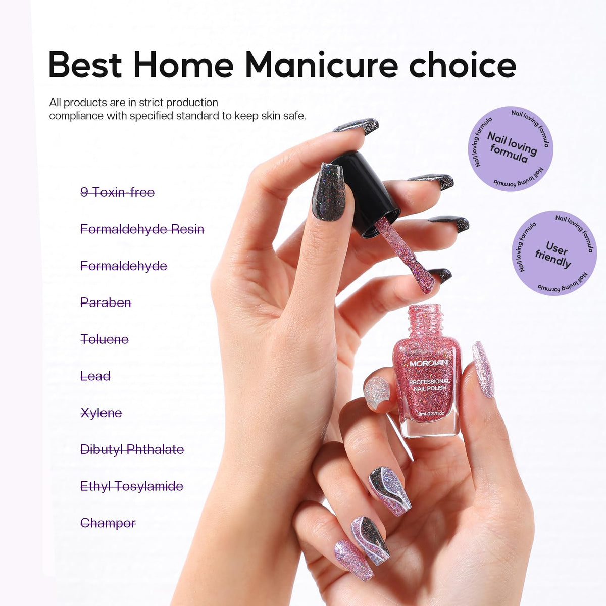 Morovan nails in use at a party showing salon-grade shimmer and quick-dry benefit