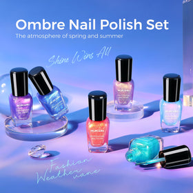 Morovan ombre manicure on fingernails showing color-shift and sparkle