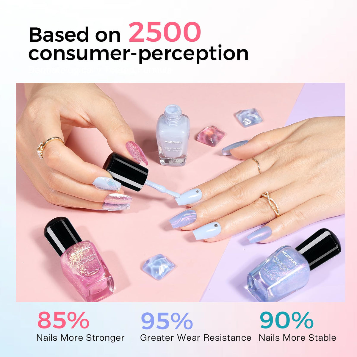 Morovan hand model creating an ombre manicure demonstrating quick-dry benefit