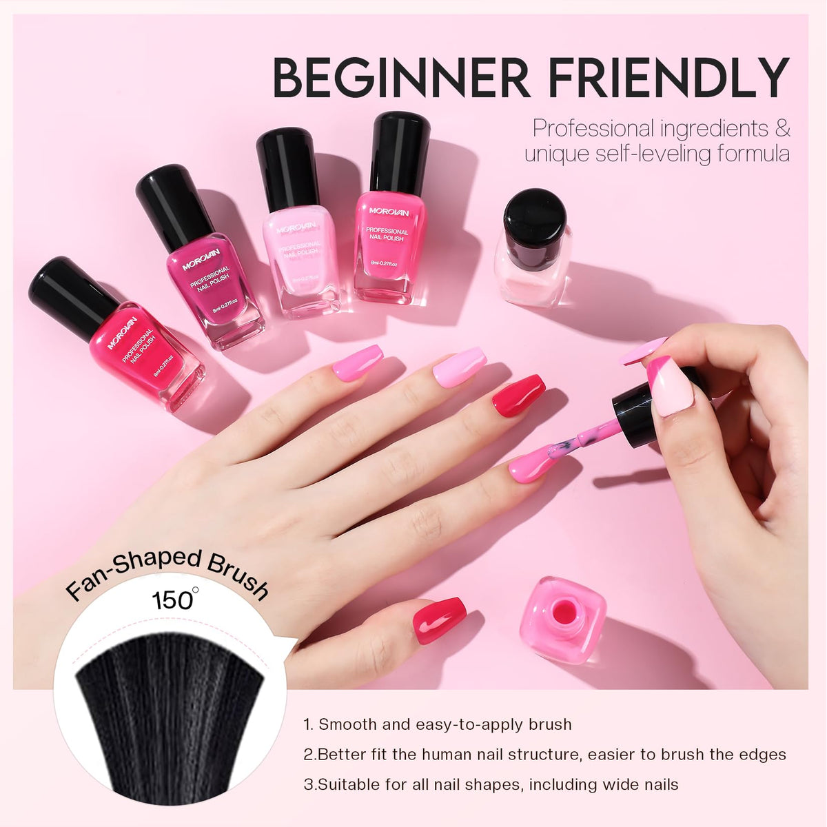 Morovan polish applied on nails in lifestyle scene showing wearable salon finish benefit