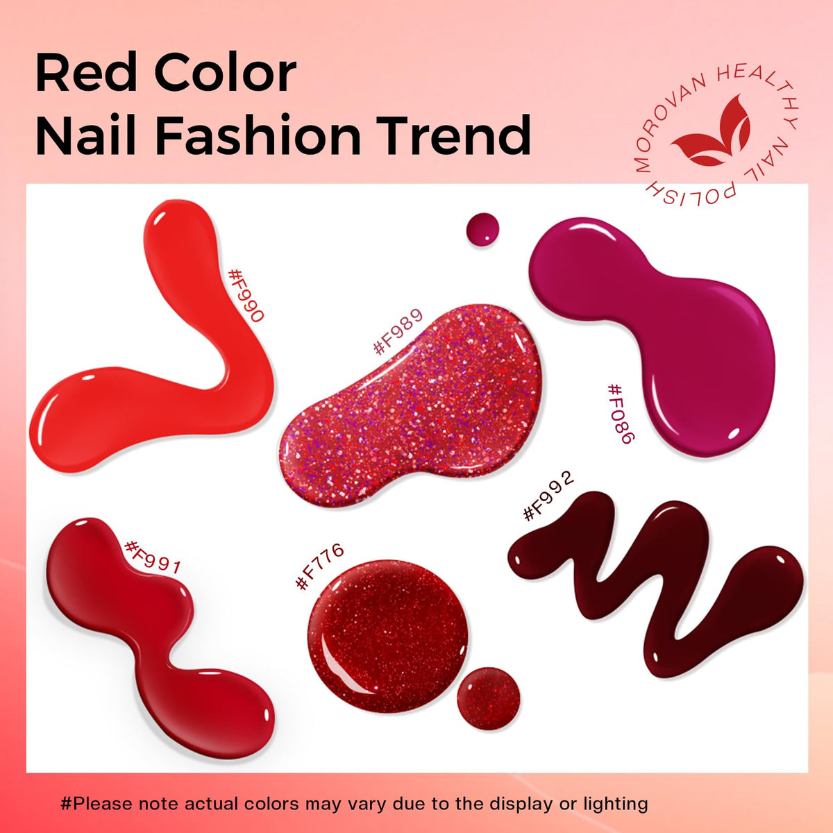Morovan shade range flatlay of rose, cherry, candy apple and burgundy, versatile color options