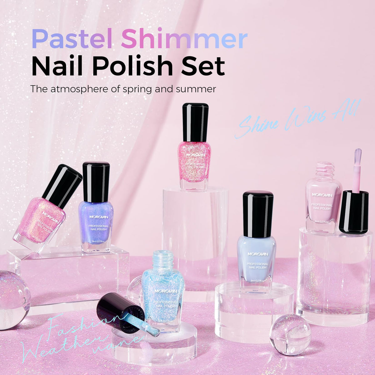 Morovan six bottles top-down view highlighting varied aurora pastel shades